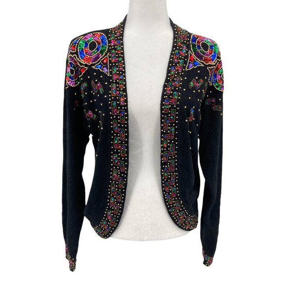 Vintage 80s 90s Embellished Sequins Jacket Cardigan Sweater - Picture 1 of 9